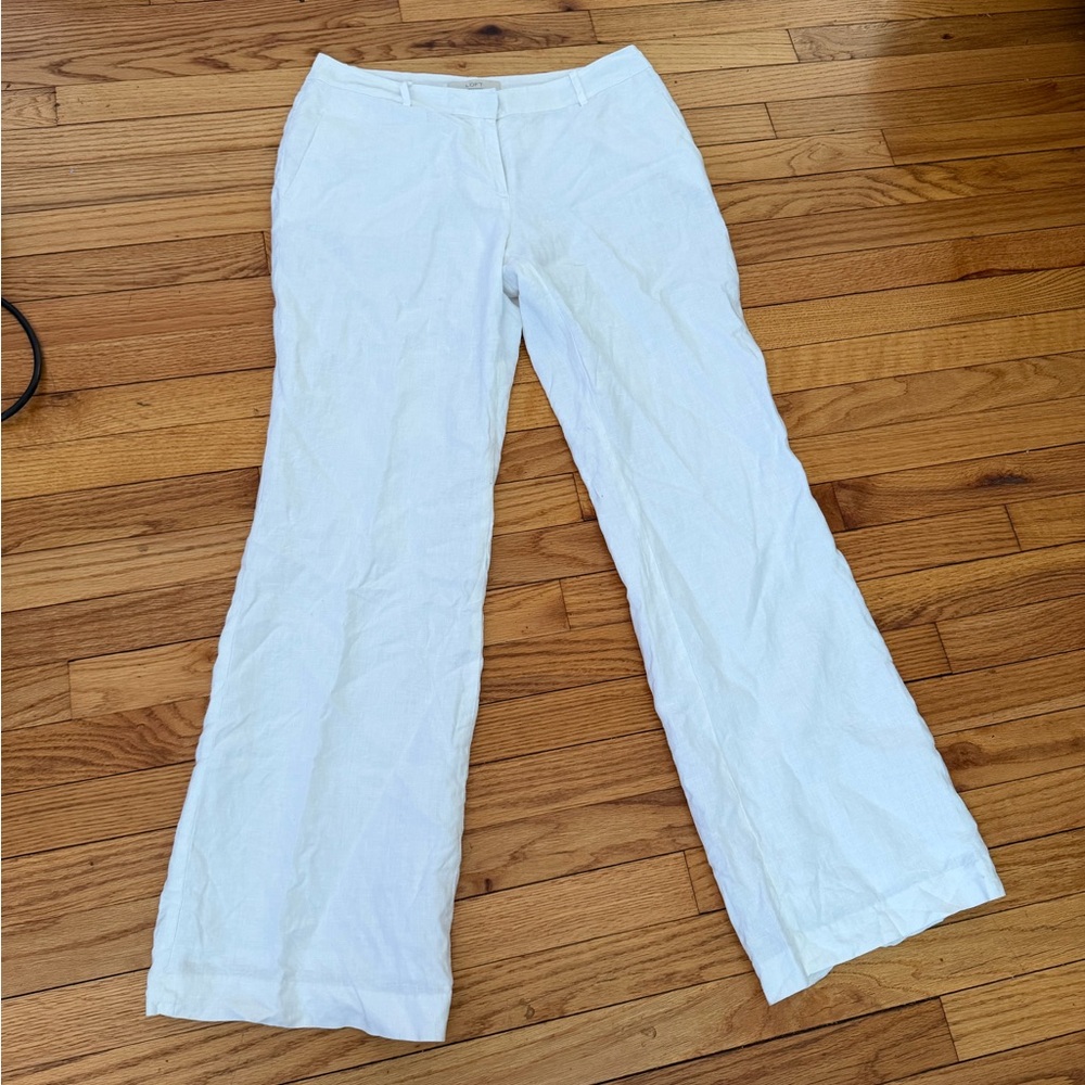 Ann Taylor LOFT Linen Julie Ecru Wide-Leg Trousers Casual dress pants coastal 8